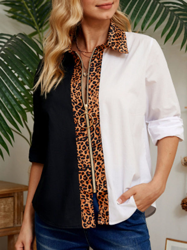 

Womens Patchwork Leopard Print Long Sleeve Shirt