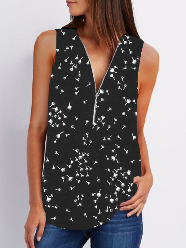 

V Neck Dandelion Print Sleeveless Blouse