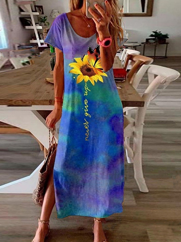 

Casual Tie-dye Sunflower Print Side Slit Long Dress