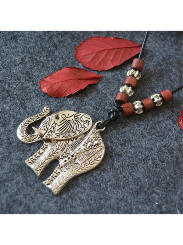 

Vintage Silver Elephant Wood Bead Pendant Long Necklace