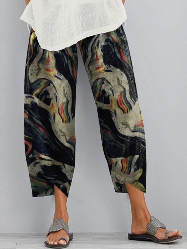 

Retro Cotton And Linen Printed Elastic Waist Casual Pants