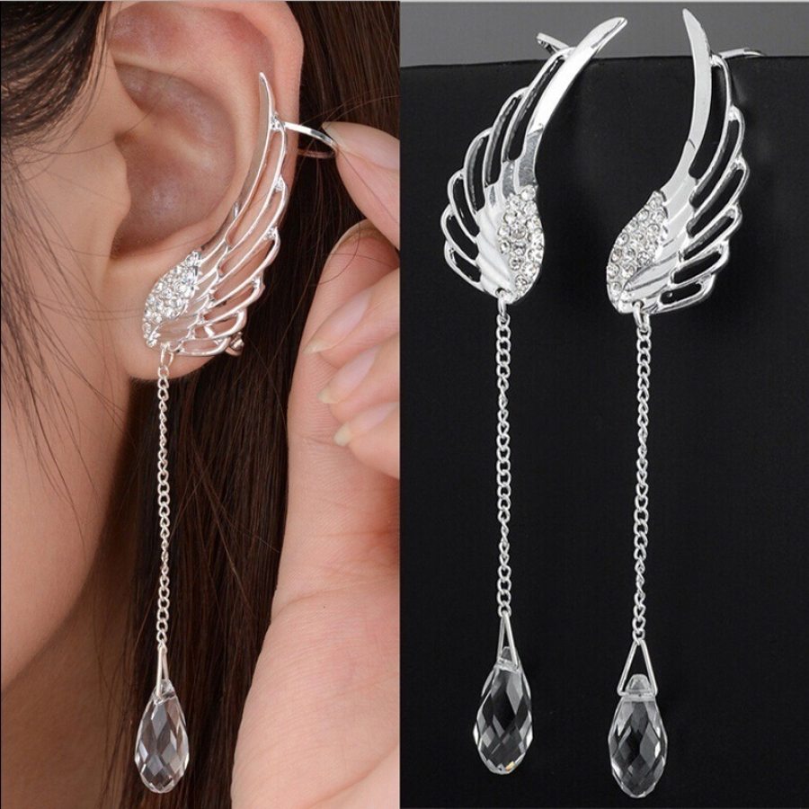 925 Sterling Silver Angel Wing Stylist Crystal Earrings Drop