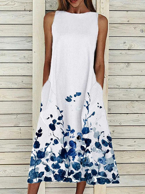 

Casual Pocket Sleeveless Big Hem Printed Dress