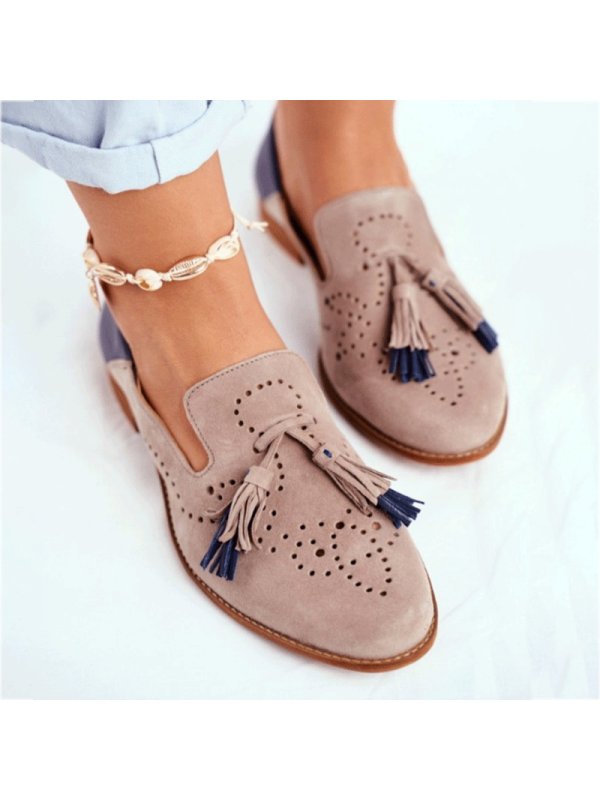 

Women's round toe cloth carved fringed shoes