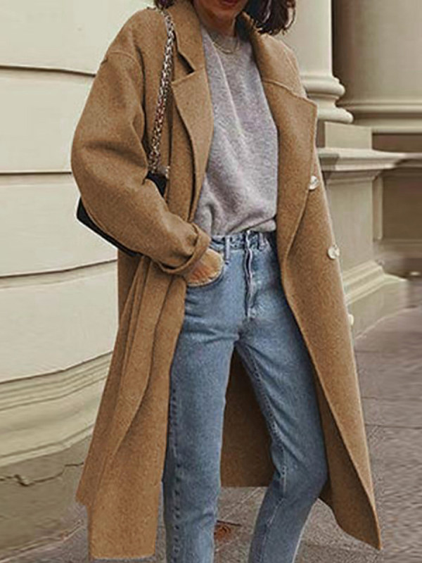 

Solid Color Woolen Double-breasted Coat