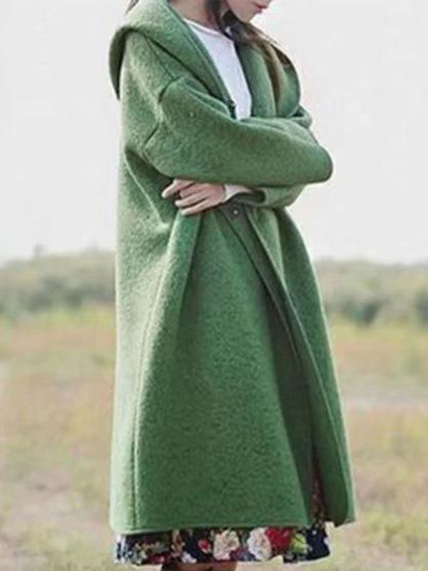 

Hooded Long-sleeved Solid Color Woolen Coat