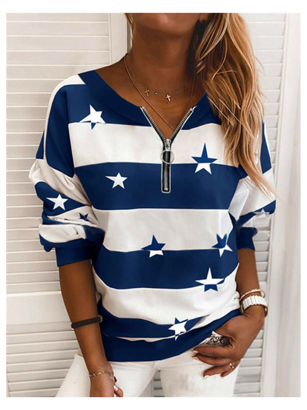 

Women's printed striped round neck long-sleeved sweatshirt all-match sweater