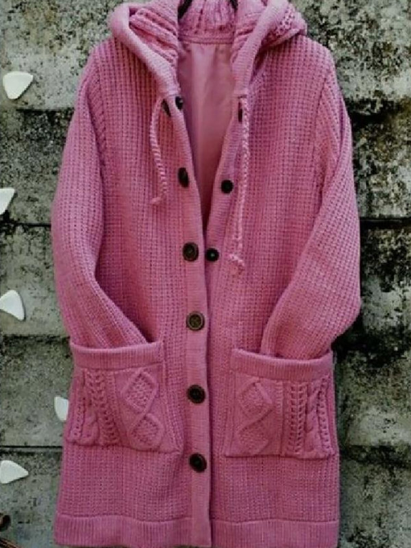 

Hooded solid color loose mid-length sweater coat