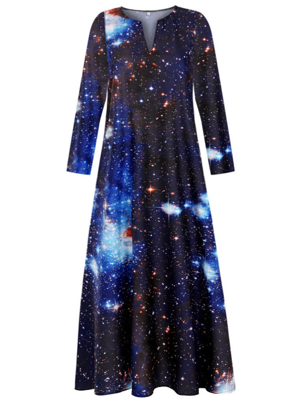 Starry Sky Print Long Sleeve Dress - holapick.com