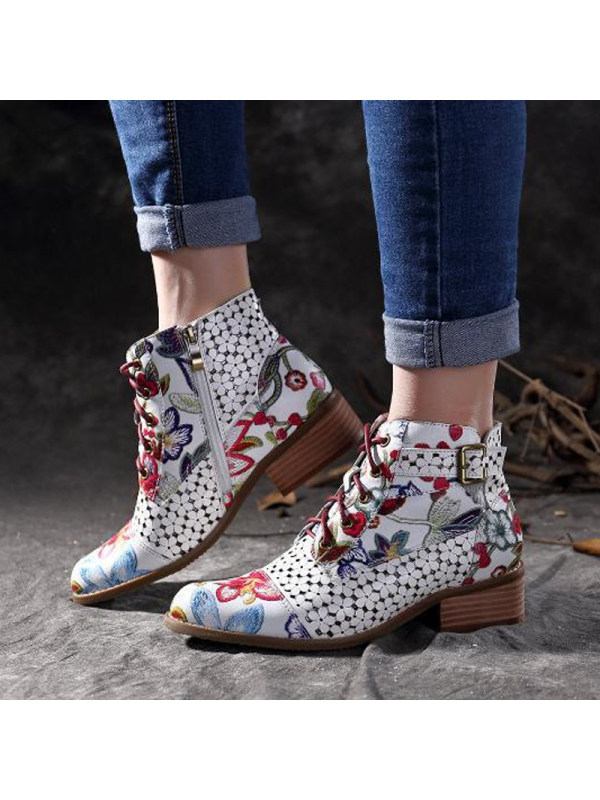 

Casual Color Block Flower Martin Boots