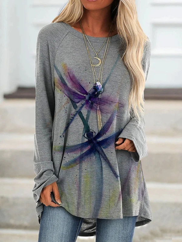 

Printed casual loose color dragonfly T-shirt