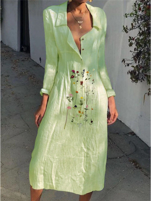 

Fashion bouquet print button long sleeve dress