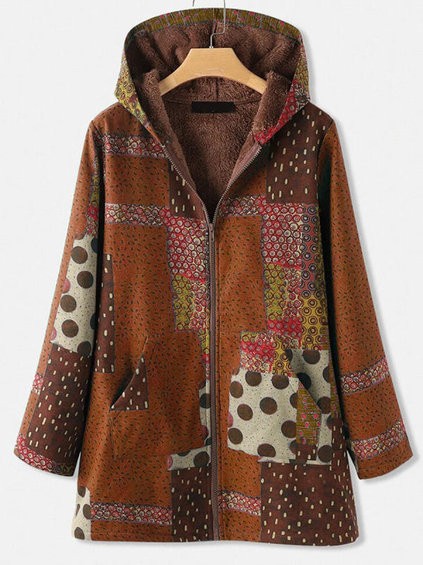 

Retro Print Hooded Zipper Plus Velvet Casual Coat