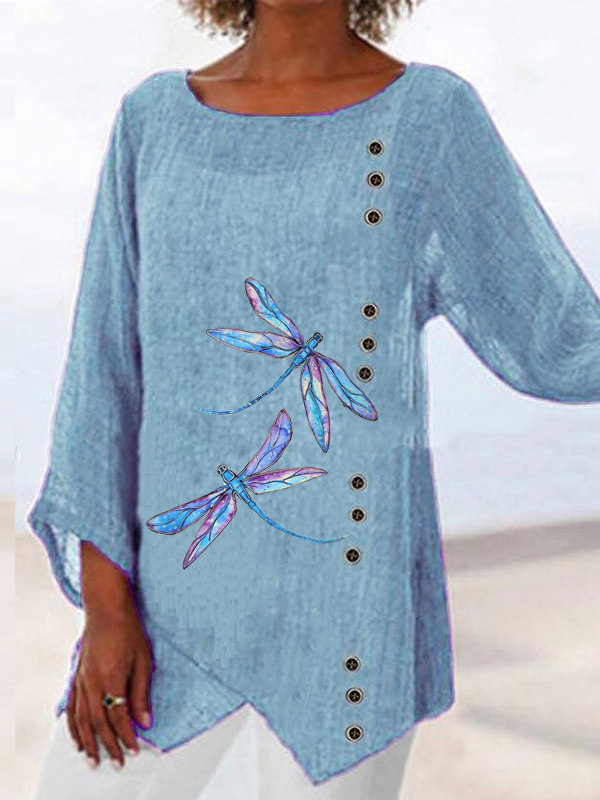 

Casual printed long-sleeved dragonfly T-shirt