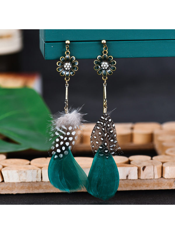 

Sun flower feather earrings female European and American retro long exotic earrings