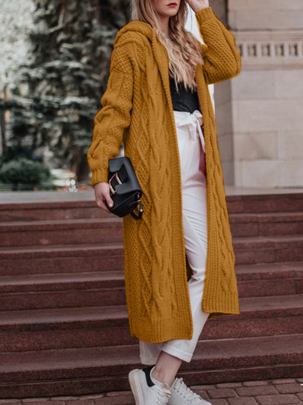 

Solid color hooded long twist cardigan sweater