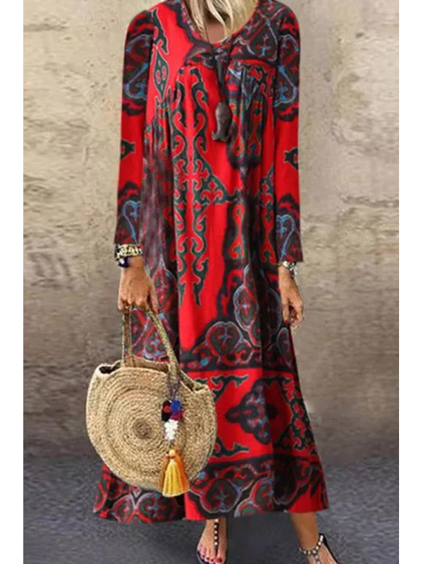 

Retro print long sleeve loose dress