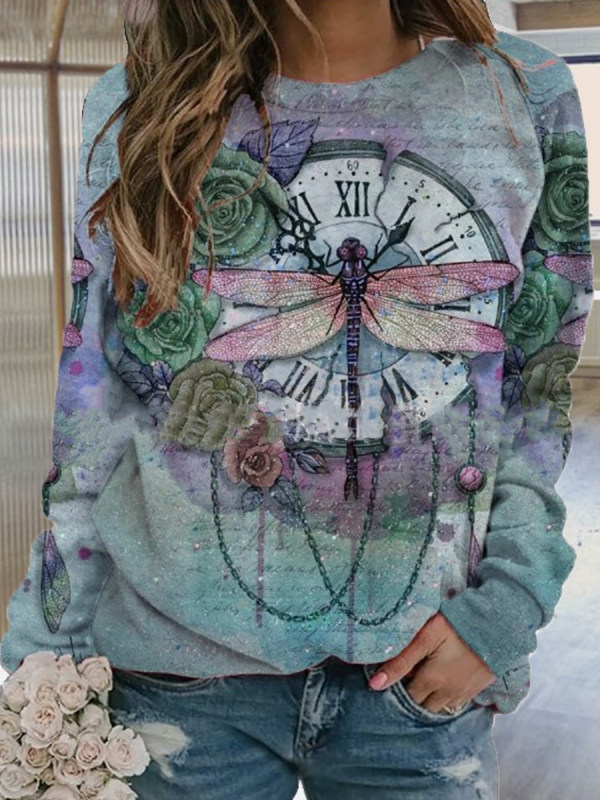 

Retro Dragonfly Print Long-sleeved Sweatshirt