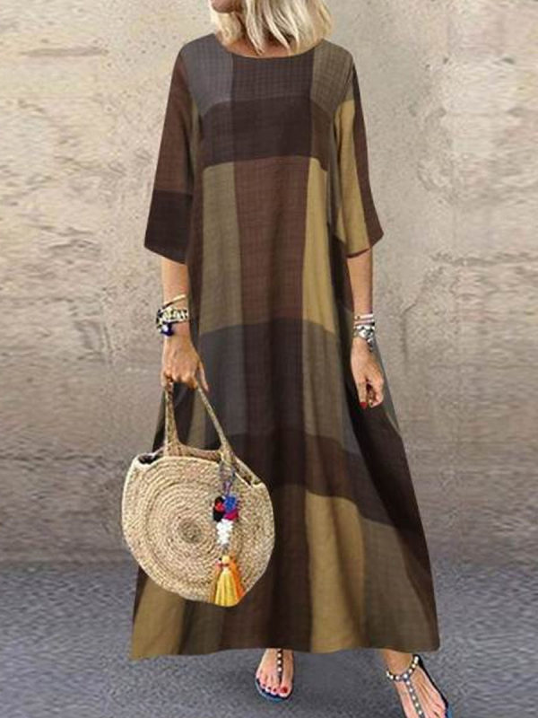 

Retro casual long sleeve plaid print dress