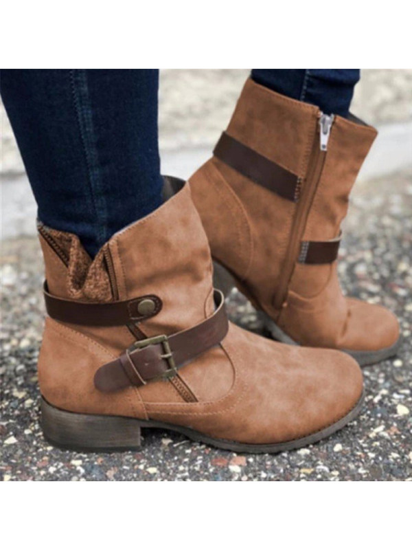 

Low Heel Round Toe Belt Buckle Women's Boots