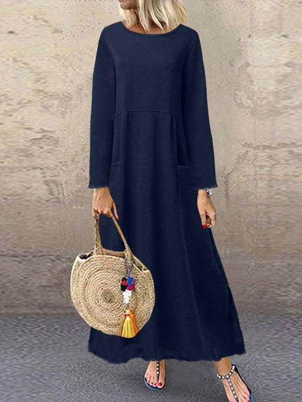 

Pure color casual cotton and linen dress