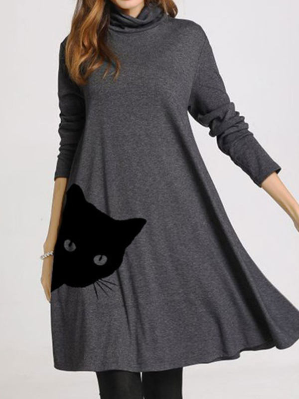 

High Neck Cat Print Long Sleeves Shift Dress