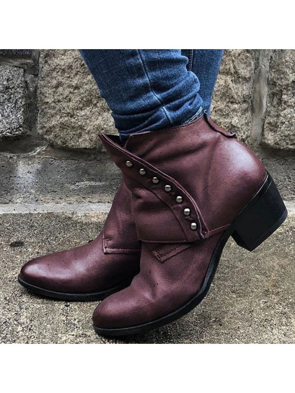 

Side zip low-tube round toe chunky heel rivet Martin boots