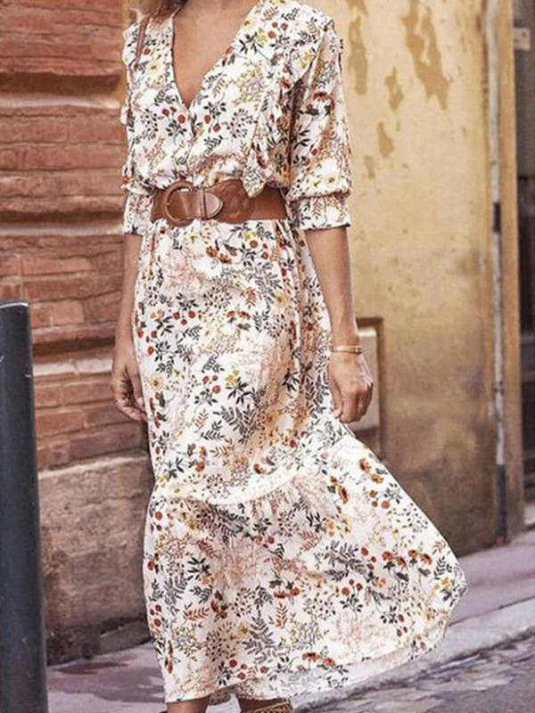 

V-neck retro print temperament waist dress