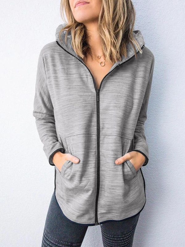 

Hooded pocket coat zipper solid color cardigan