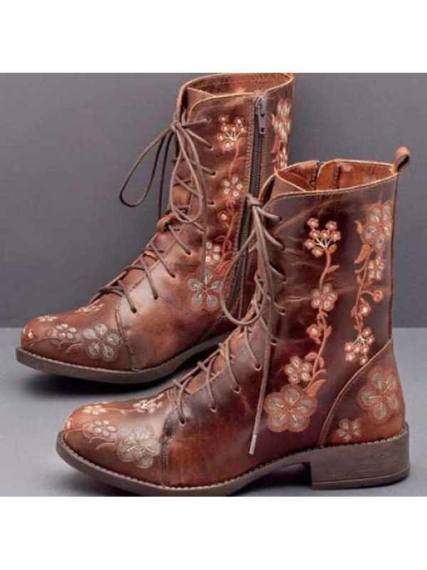 

Embroidered lace-up mid-tube Martin boots