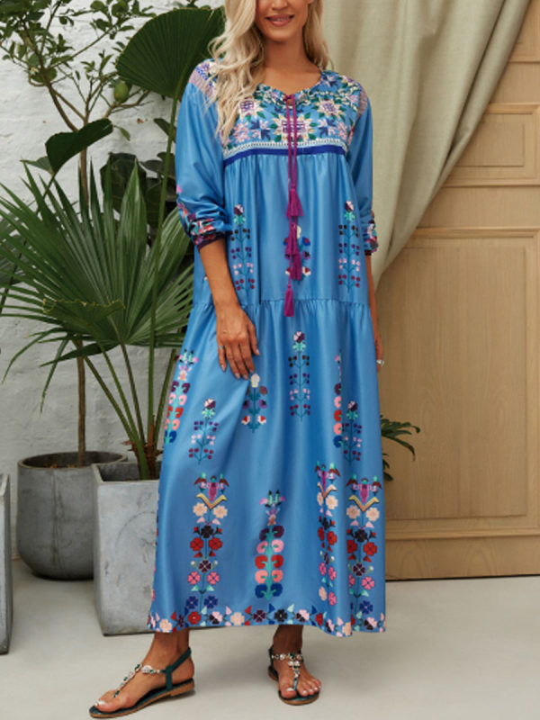 

Blue Long Sleeve Cotton-Blend Patchwork Boho V Neck Dress