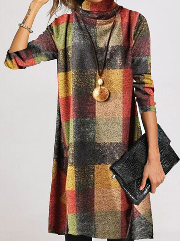

New retro padded high collar plaid dress