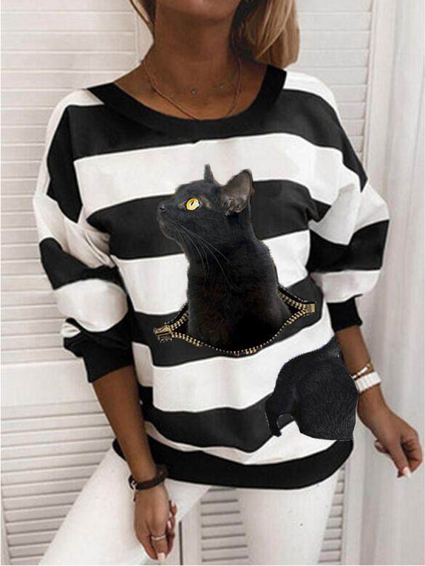 

Striped black cat print casual loose sweatshirt