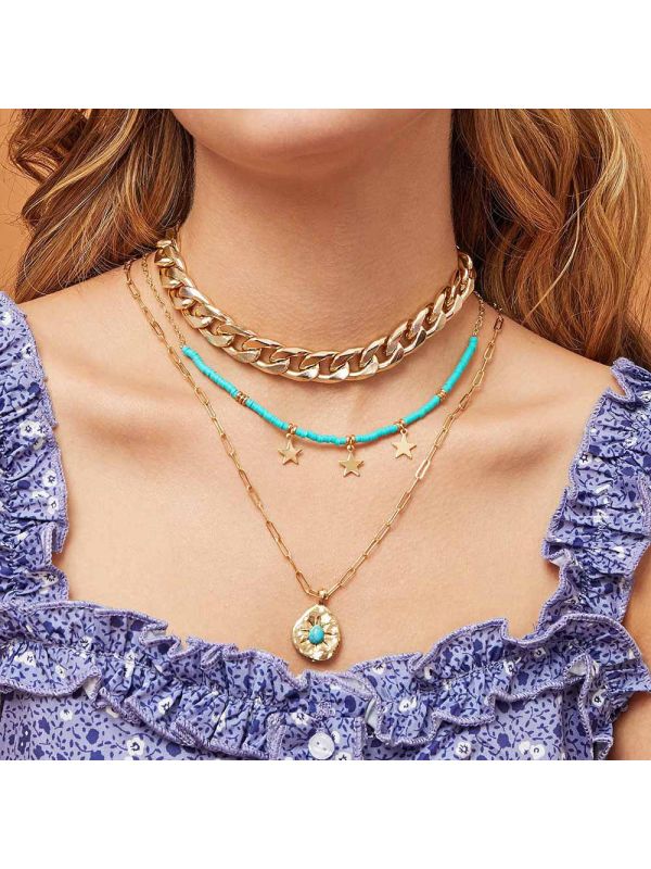 

Fashion street shot turquoise multi - layered necklace set