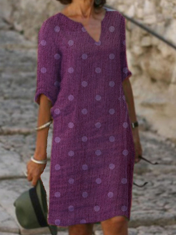 

New V-neck Linen Dot Print Casual Dress