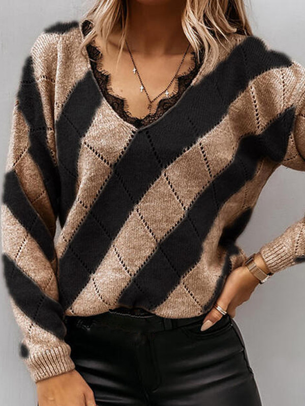 

Contrasting Lace V-Neck Casual Loose Sweater