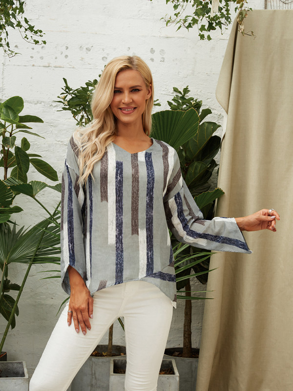 

Casual V-Neck Stripe Print Irregular Hem Top