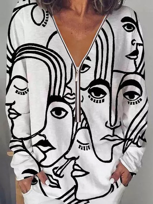 

V-neck Geometric Casual Long-sleeved T-shirt