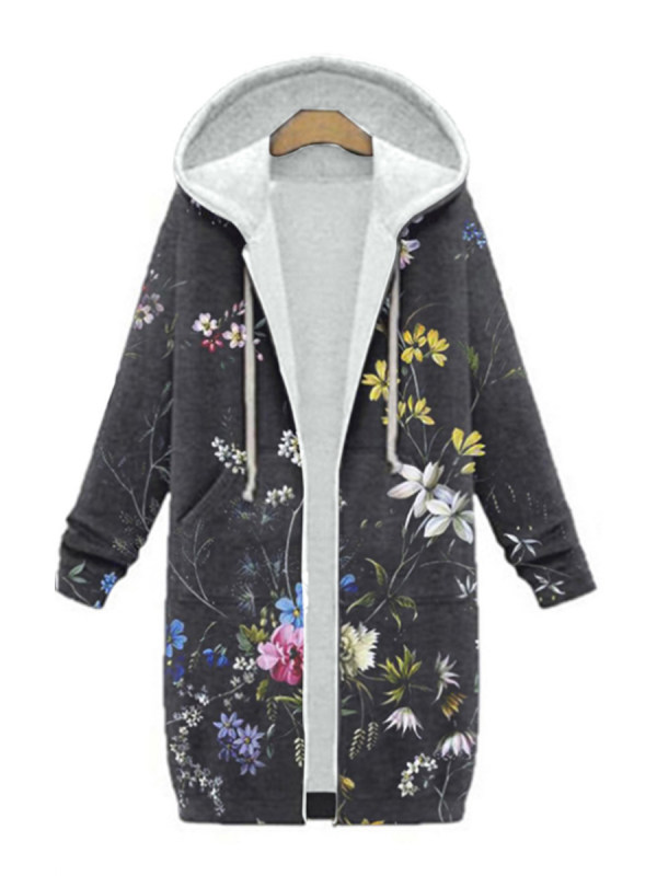 

Casual Printed Hooded Plus Fleece Mid-Length Coat