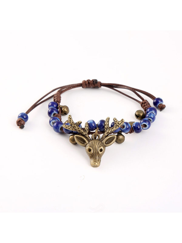 

Retro weaving brass bell ceramics deer head bracelet