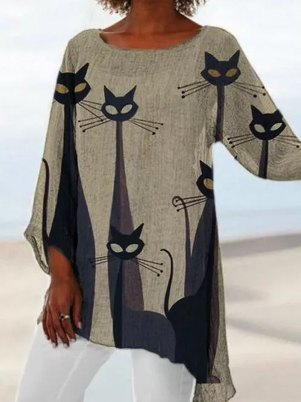 

Casual Loose Casual Long-Sleeved Cat T-Shirt