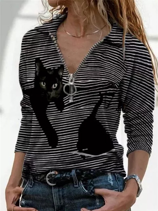 

V-Neck Animal Casual Long-Sleeved Cat T-Shirt