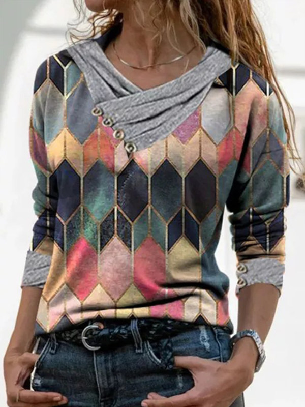 

V Neck Print Long Sleeve T-shirt