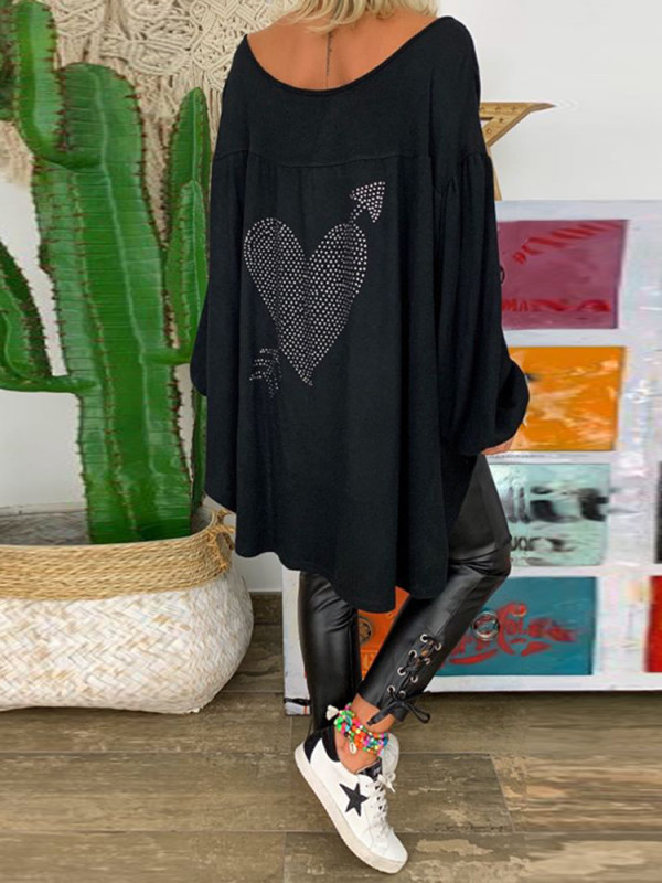 

Casual Loose Deep V Neck Long Puff Sleeves Diamonds T-Shirt