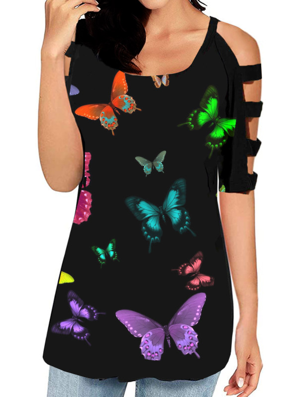 

Round Neck Butterfly Print Half Sleeve T-shirt