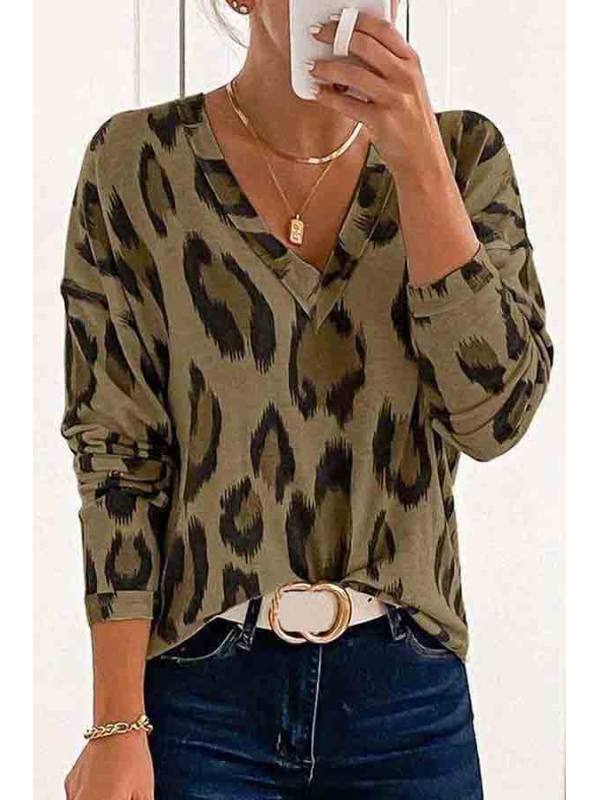 

Fashion printed leopard print long sleeve v-neck T-shirt