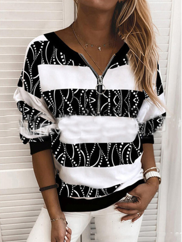 

V-neck zipper stitching abstract geometric wave stripe printed sweatshirt