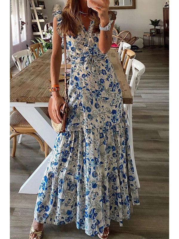 

Casual V-neck printed lace-up dress