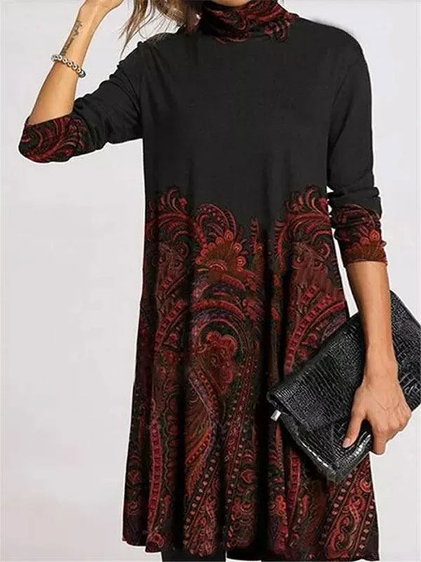 

Positioning print high neck long sleeve loose dress