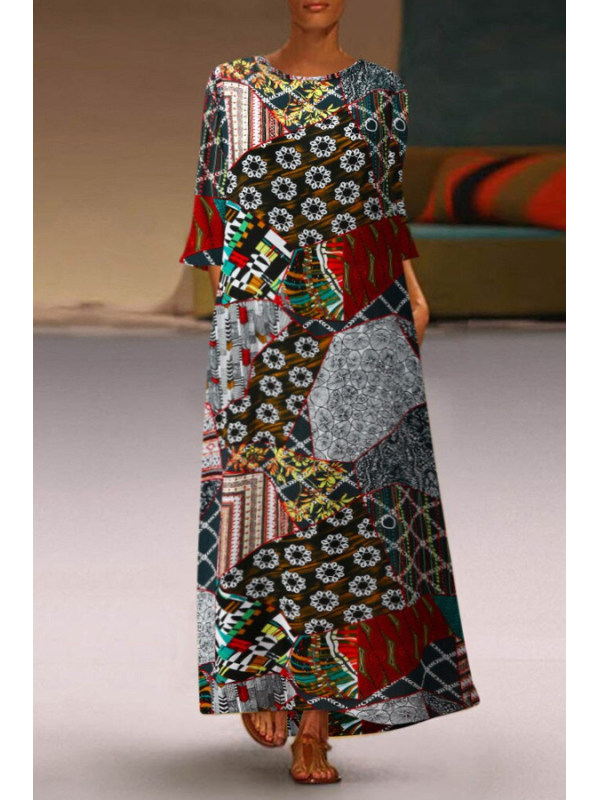

Casual loose mid-length printed long-sleeved dress
